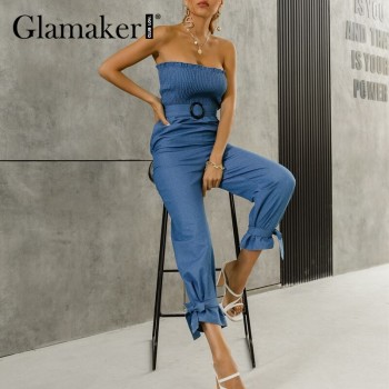 Glamaker Denim off shoulder blue spring summer long jumpsuits with belt Casual lace up ruffles office ladies workout 2021 new